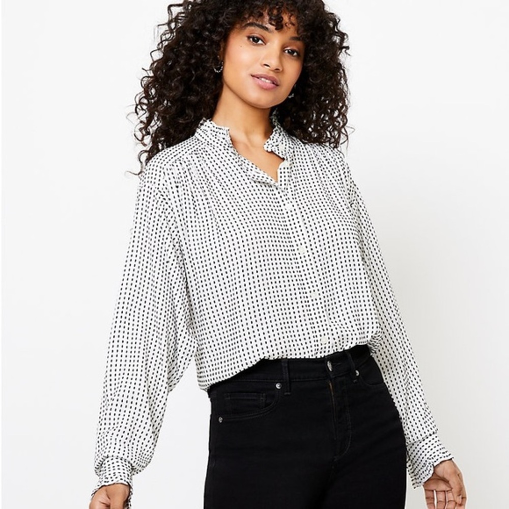 LOFT Striped Ruffle Trim Shirt NWT - Picture 1 of 9